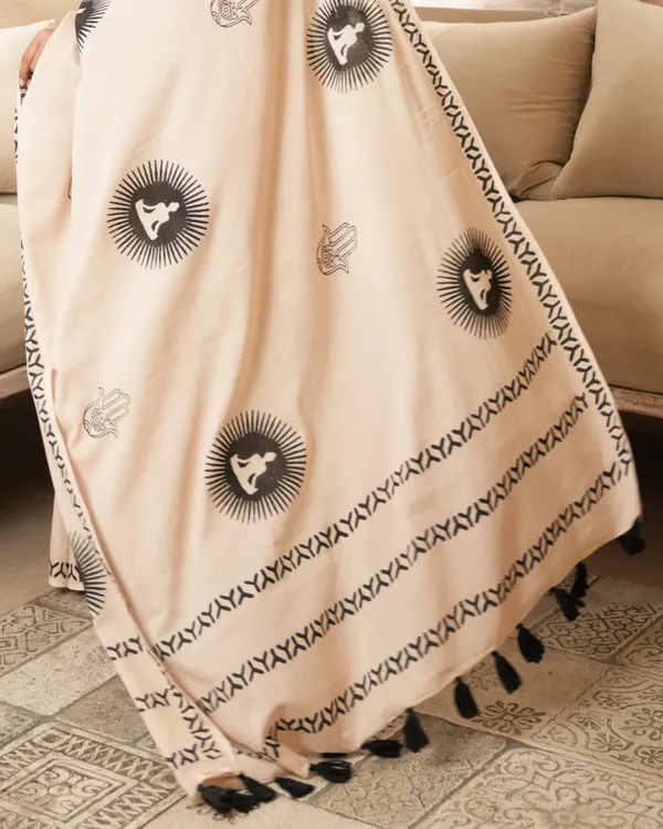 Beige_Cotton_Spiritual_Chakra_Block_Print_Mul_Saree_With_Tassels_For_Women